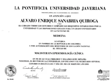 Diploma Dr. Alvaro Sanabria de La Pontificia Universidad Javeriana Dr. Álvaro Sanabria Quiroga especialista en cirugía oncológica cirujano de cabeza y cuello