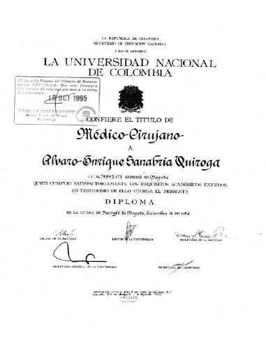 Diploma de la Universidad Nacional de Colombia Dr. Álvaro Sanabria Quiroga especialista en cirugía oncológica cirujano de cabeza y cuello